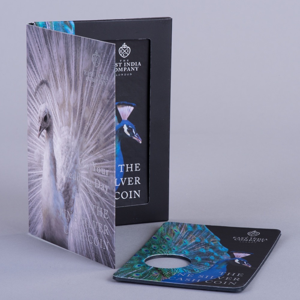 Luxury coin holder slider with printed sleeve foil blocked mounted black board for coin display, Create-This Ltd, UK manufactured