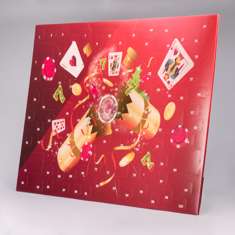 Eco-friendly 100-day countdown advent calendar corrugated inner FSC certified custom printed, UK manufactured by Create-This Ltd