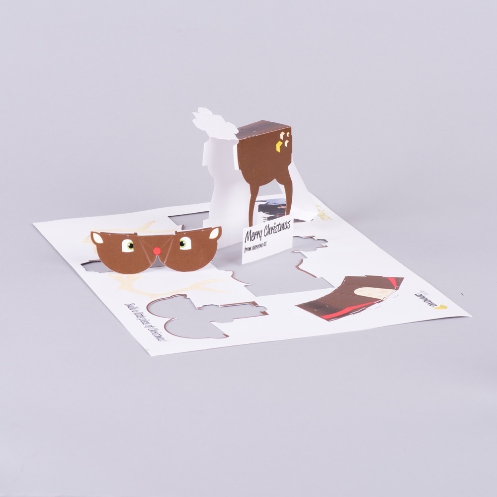 Self-make reindeer direct mail mailer die-cut seasonal promotional engagement campaign, Create-This Ltd, UK manufactured