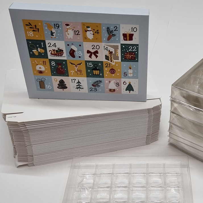 Self-fill advent calendar with recyclable vacuum-formed tray for corporate branding, Create-This Ltd