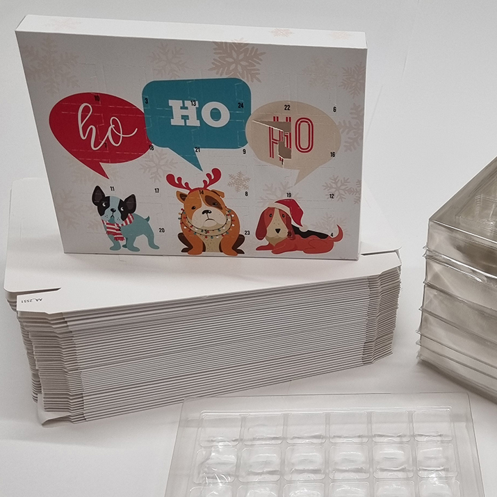 Self-fill advent calendar with eco-friendly tray for corporate seasonal campaigns, - dog version - UK manufactured by Create-This