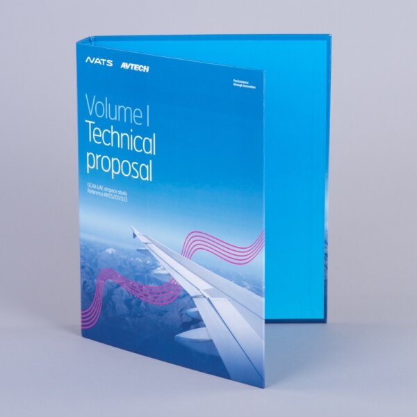 A4 case-bound ringbinder 150gsm silk on greyboard litho printed for corporate presentations, Create-This Ltd
