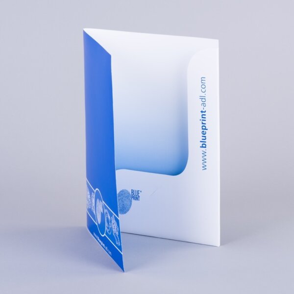 A4 folder with die-cut shaped pocket litho printed for branded conference and document use, Create-This Ltd, UK manufactured
