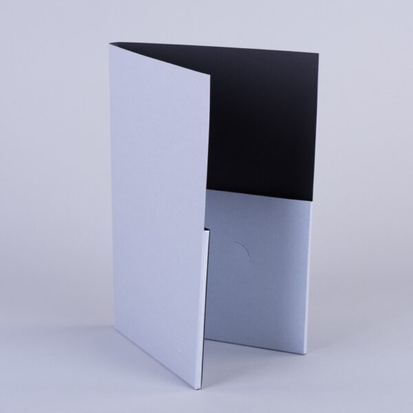 A4 folder two capacity pockets duplexed silver grey and black board embossed logo, UK manufactured by Create-This Ltd