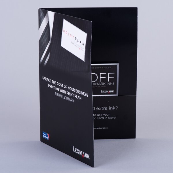 A5 folder with non-capacity pocket and integral discount card litho printed for in-store promotions, Create-This Ltd