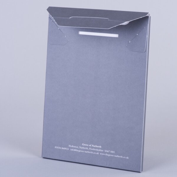 Board envelope with rip strip and re-sealable tab for secure branded document mailing, UK manufactured by Create-This Ltd