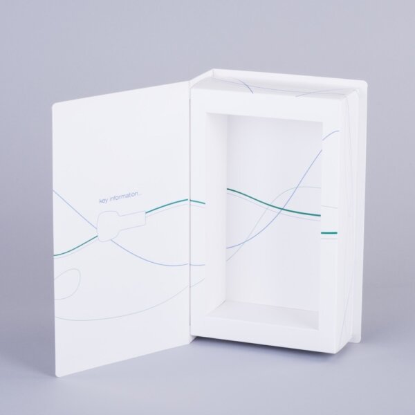 Book style hinged lid presentation box with channel wall for corporate gifts and literature packs, Create-This Ltd, UK manufactured