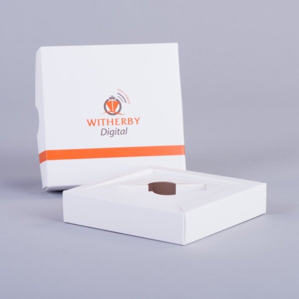 Channel wall lift-off lid presentation box for USB with printed board fitment, UK manufactured by Create-This Ltd