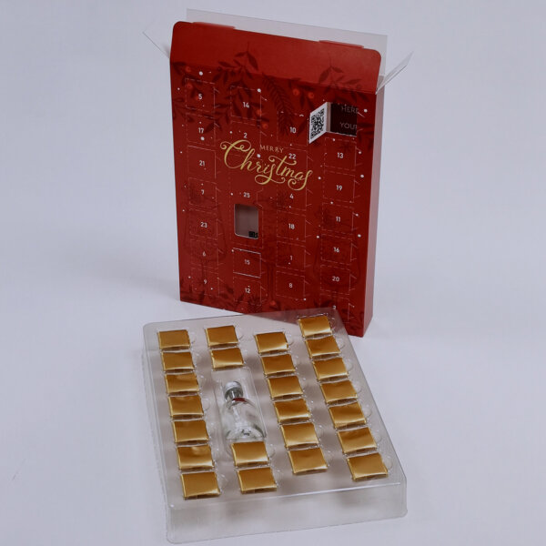 Chocolate advent calendar with miniature bottle vacuum tray 24 chocolates custom printed, Create-This Ltd, UK manufactured