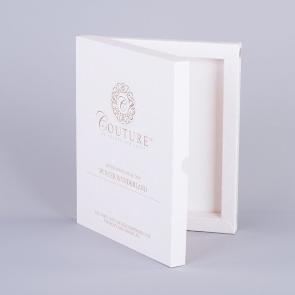 Clamshell style hinged lid presentation box in box board with foil blocking, UK manufactured by Create-This Ltd