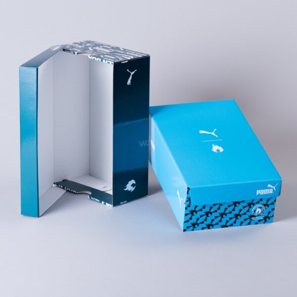 Custom corrugated shoe box litho printed for retail trainer promotion packaging, UK manufactured by Create-This Ltd