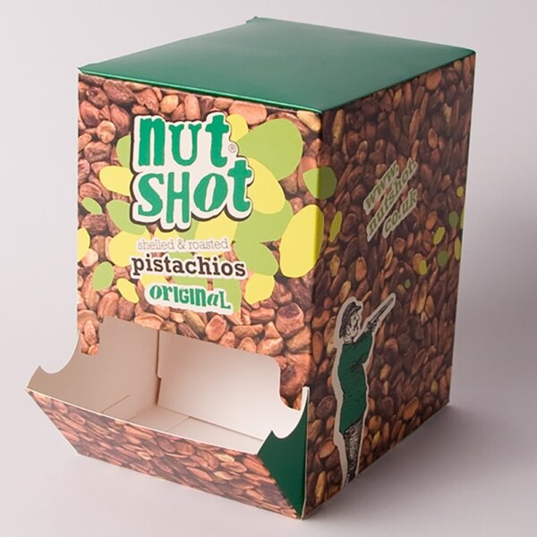 Counter top drop-feed product dispenser custom printed on board for in-store retail promotions, UK manufactured by Create-This Ltd