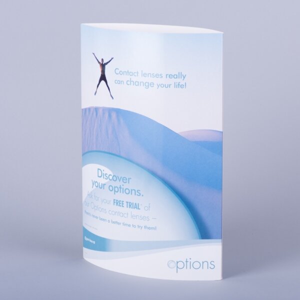 Curved display showcard double-sided counter top point of sale display supplied flat, UK manufactured by Create-This Ltd