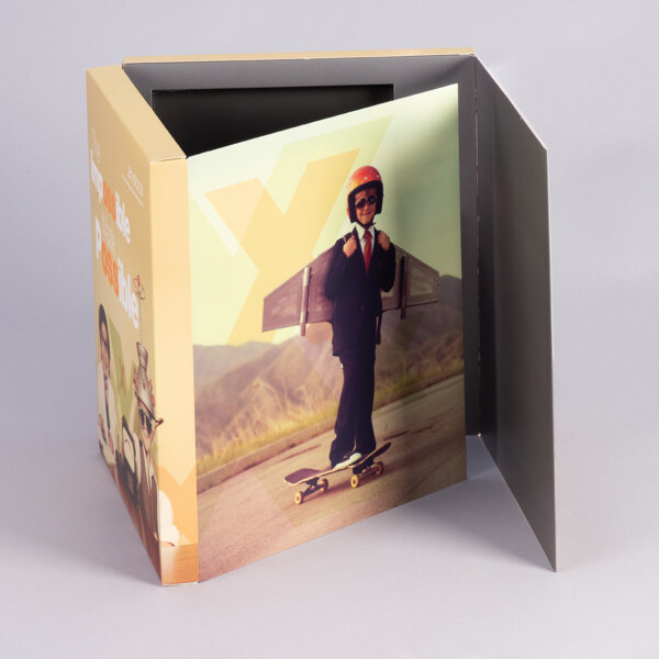 Double hinged lid presentation box with extra panels and ribbon closure for branded gifting, Create-This Ltd, UK manufactured