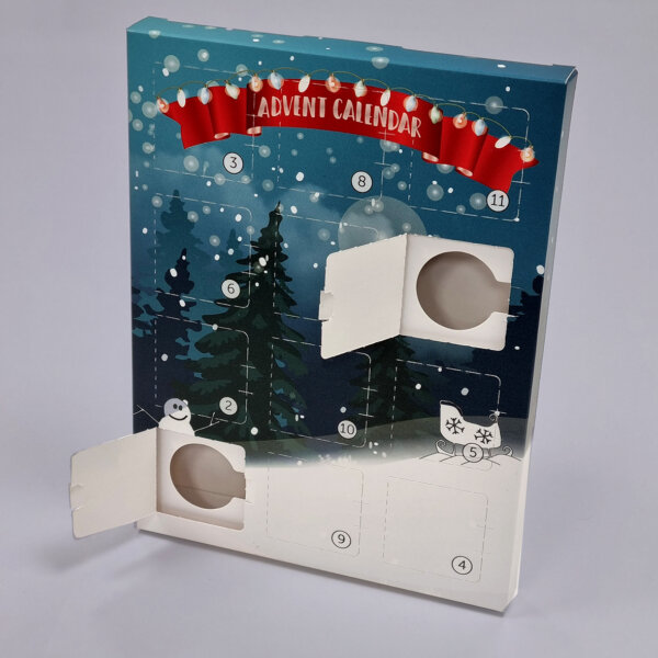 Eco-friendly 12-window advent calendar pods corrugated inner FSC certified large windows, Create-This Ltd