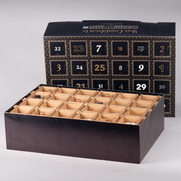 Eco-friendly advent calendar for miniature bottles and cans corrugated fitment FSC certified, Create-This Ltd, UK manufactured