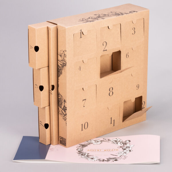 Eco-friendly advent calendar with pull-out drawers FSC certified supplied flat for assembly, Create-This Ltd, UK manufactured
