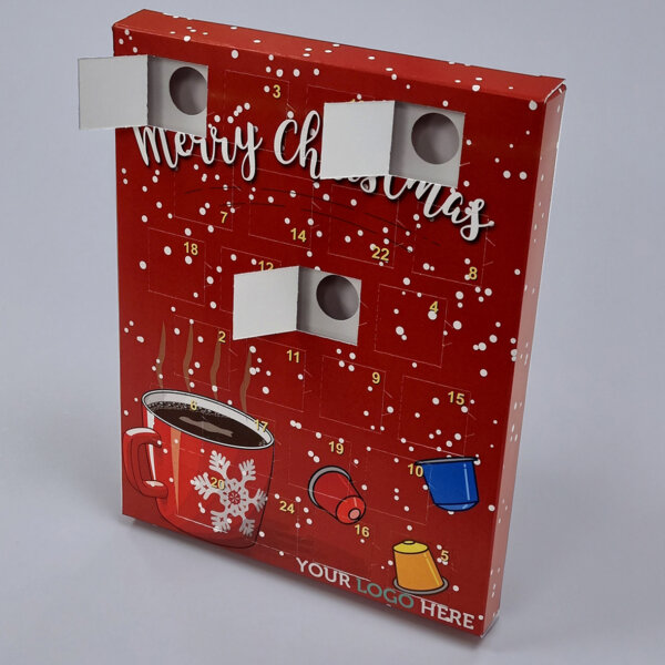 Eco-friendly coffee pod advent calendar FSC certified 24 windows custom printed sustainable, UK manufactured by Create-This Ltd