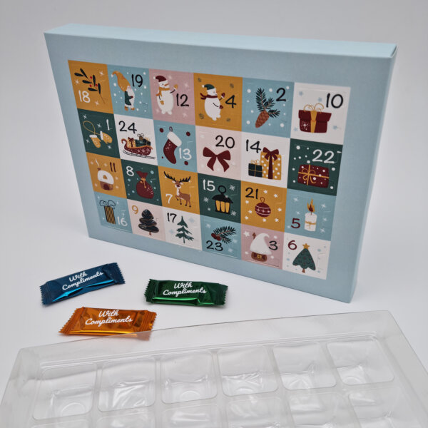 Self-fill advent calendar with petit chocolates in eco-friendly 70% recycled rPET vacuum-formed tray, custom branded with litho printing for corporate gifting