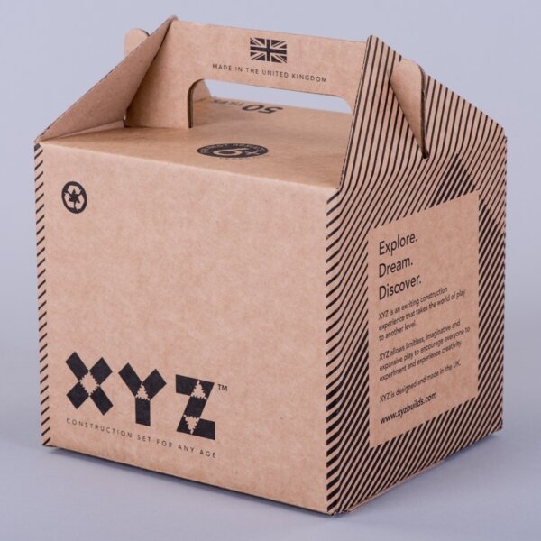 Flexo printed corrugated carry box in kraft board for eco-friendly branded e-commerce packaging, UK manufactured by Create-This Ltd