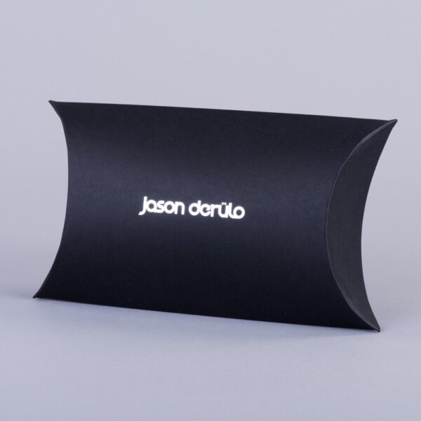 Custom foil-blocked pillow pack in coloured board for stylish branded gift presentation, UK manufactured by Create-This Ltd