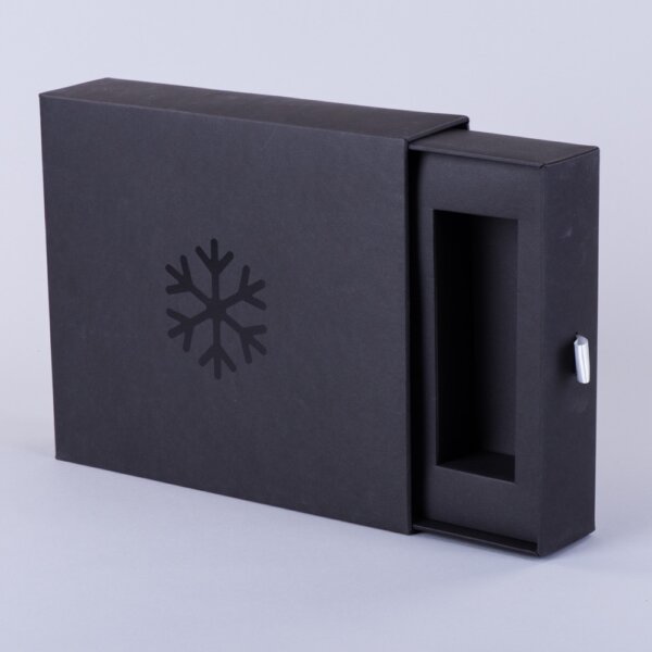 Foil blocked rigid style sliding presentation box in black material with board fitment for CD, Create-This Ltd, UK manufactured