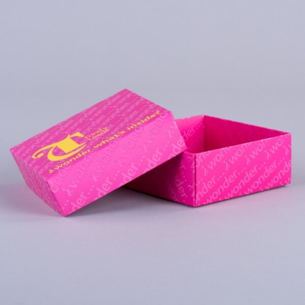 Fold-over edge lift-off lid promotional box without channel wall custom printed packaging, UK manufactured by Create-This Ltd