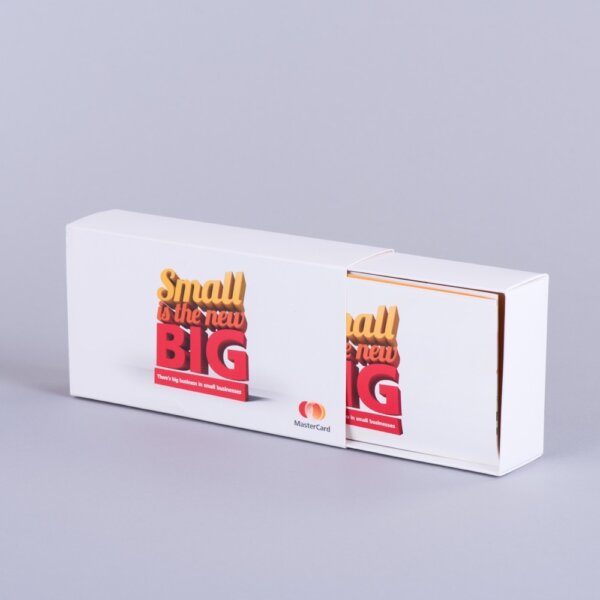 Fold-over edge sliding promotional box with sleeve and board plinth matchbox style packaging, UK manufactured by Create-This Ltd