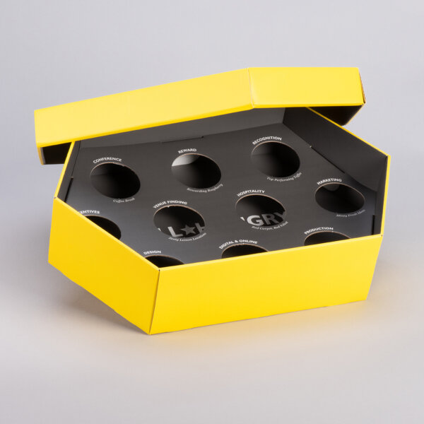 Bespoke hexagonal corrugated 0427 box with custom fitment large format digitally printed, Create-This Ltd, UK manufactured