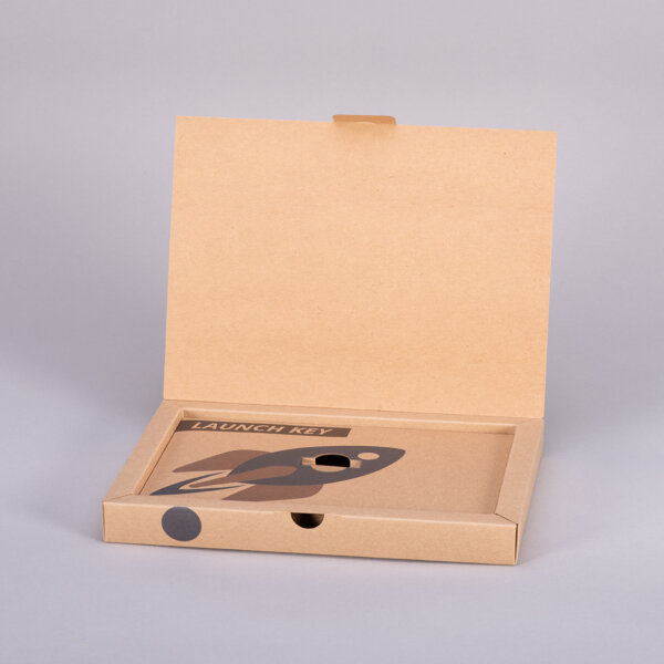 Eco-friendly hinged lid presentation box in kraft board with custom cardboard fitment, UK manufactured by Create-This Ltd