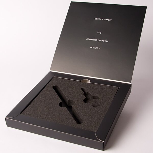 Hinged lid presentation box with foam insert printed black for custom product packaging, UK manufactured by Create-This Ltd