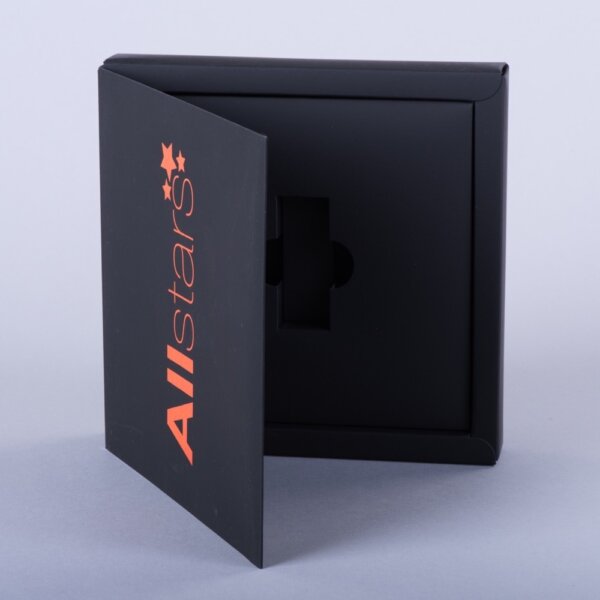 Hinged lid promotional box with board plinth holding USB and brochure for branded campaigns, Create-This Ltd