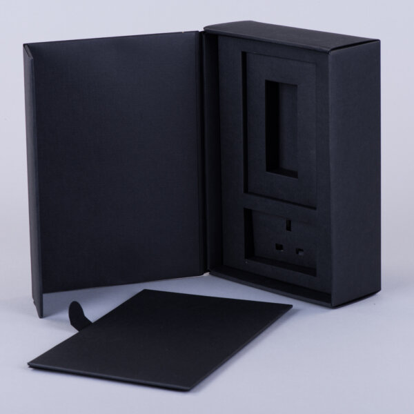 Rigid hinged lid presentation box with multi-layered board fitment for complex product packaging, UK manufactured by Create-This Ltd
