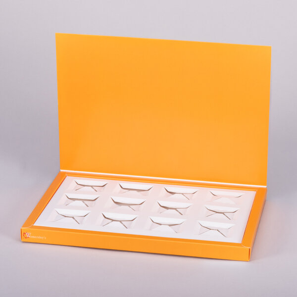 Hinged lid sample box with custom cardboard insert fitment for cost-effective product sampling, UK manufactured by Create-This Ltd