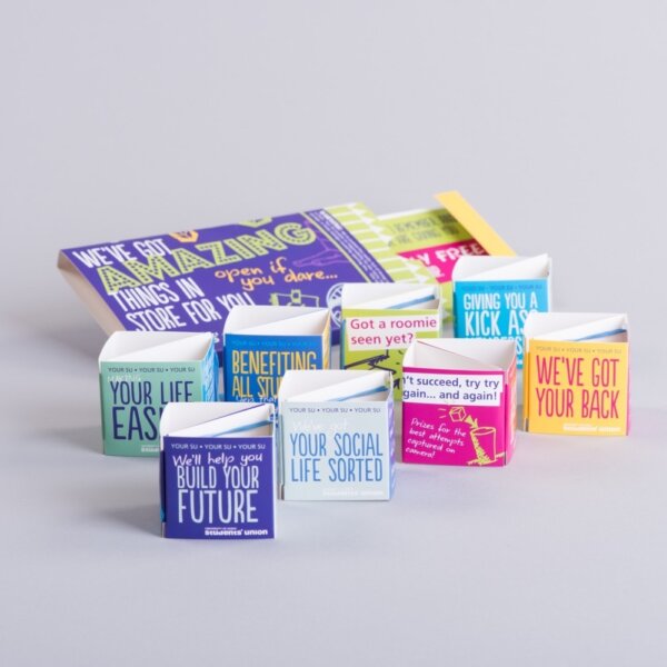 Jack in a box (open sided pop up cubes in a tray with a sleeve)