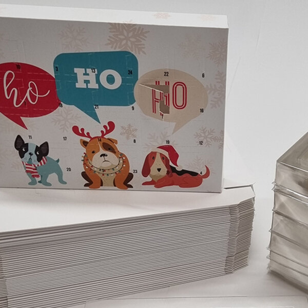 Self-fill advent calendar with recyclable vacuum-formed tray for corporate branding, Create-This Ltd