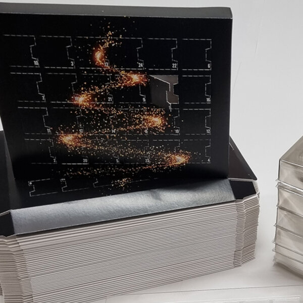 Self-fill advent calendar with recyclable vacuum-formed tray for corporate branding, Create-This Ltd