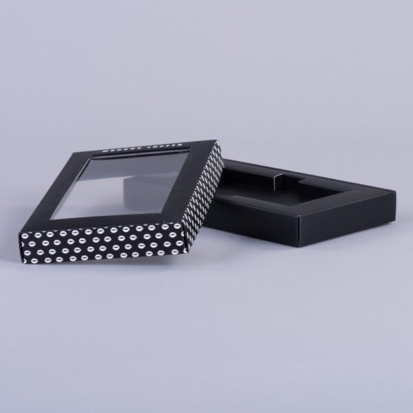 Lift-off lid product packaging with clear window for retail display custom printed boxes, UK manufactured by Create-This Ltd