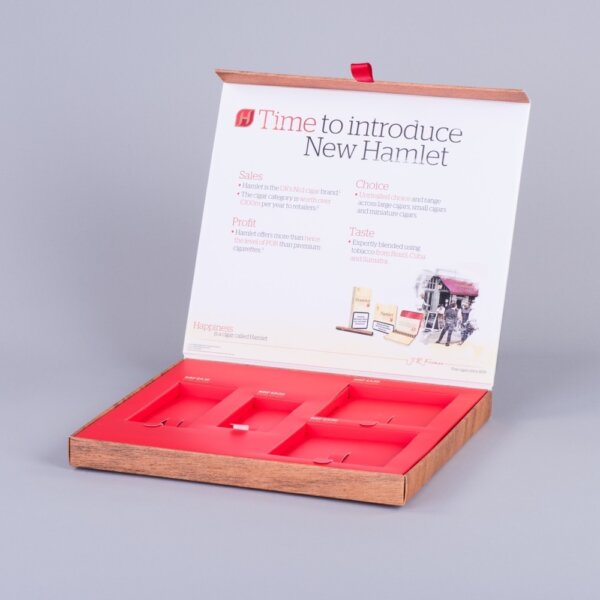 Luxury hinged lid box with multi-aperture board fitment pull tabs and magnetic closure, UK manufactured by Create-This Ltd
