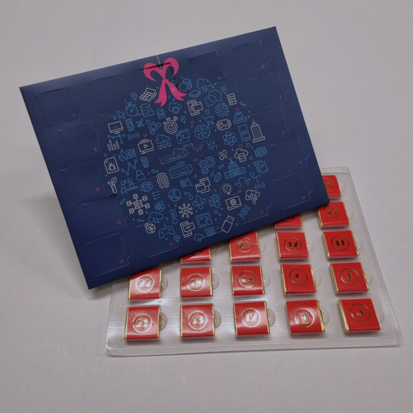 Luxury chocolate advent calendar 25 Neapolitan chocolates vacuum-formed tray custom printed, UK manufactured by Create-This Ltd