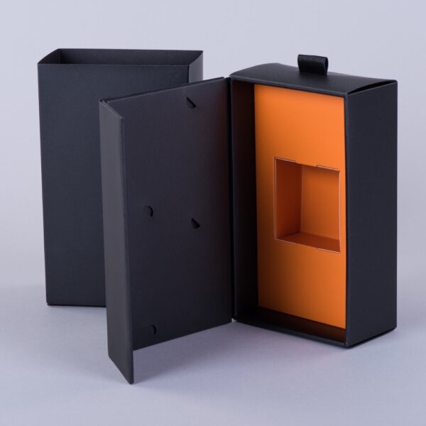 Luxury hinged lid presentation box black uncoated material with board plinth laminated finish, Create-This Ltd