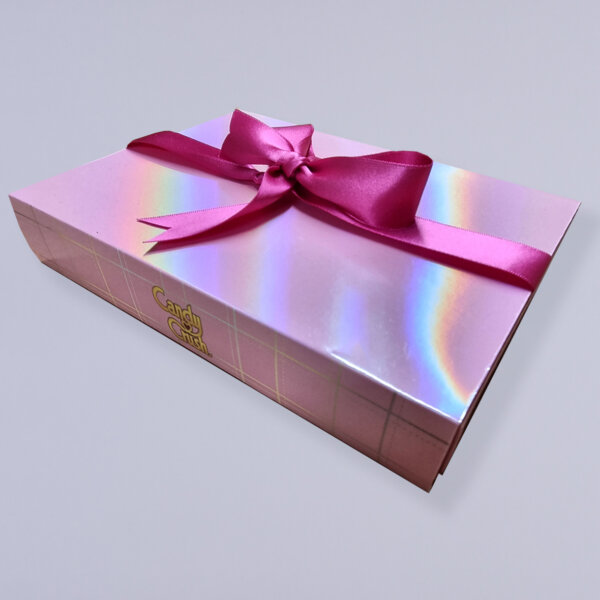 Candy Crush Luxury hinged lid box with holographic lamination and sound module for high-impact brand gifting, UK manufactured by Create-This Ltd