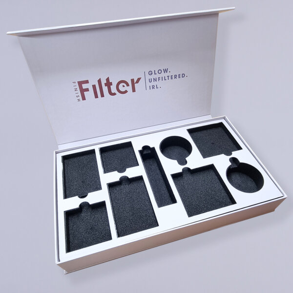 Bespoke luxury large hinged lid rigid box with foam fitment and printed board overlay showing premium construction, UK made