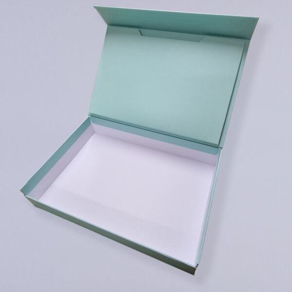 Bespoke luxury paper over board hinged lid box with inner folder showing premium construction, UK manufactured