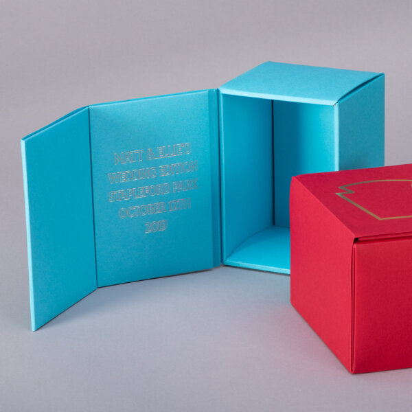 Luxury rigid hinged lid gift box in coloured material with foil-blocked logo for brand gifting, Create-This Ltd