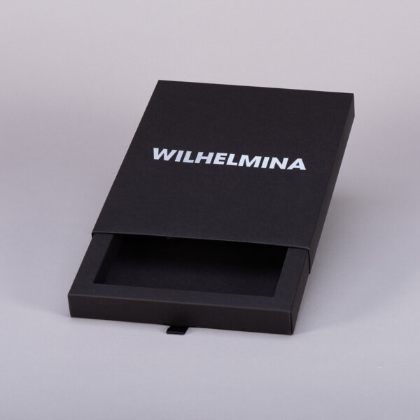 Custom luxury sliding presentation box in coloured material with foil blocking and pull tab, UK manufactured by Create-This Ltd