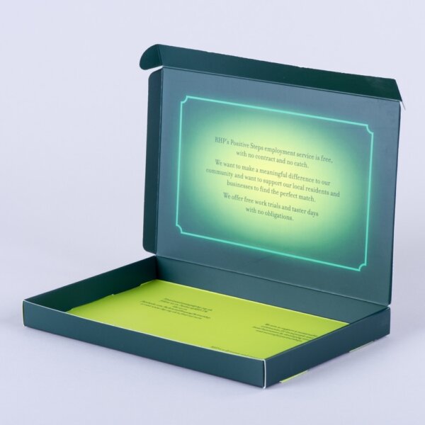 Compact mailing outer box board digitally printed with custom board fitment for promotions, UK manufactured by Create-This Ltd