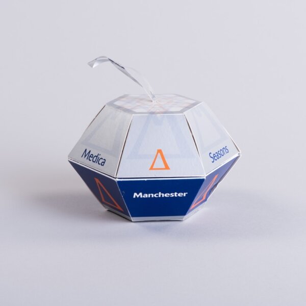 Pop-up ball direct mail mailer with ribbon branded on all sides for Christmas campaigns, Create-This Ltd, UK manufactured