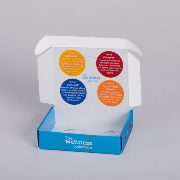 Bespoke custom-printed postal box in flat-pack design showing folding box board construction for e-commerce shipping, UK manufactured by Create This