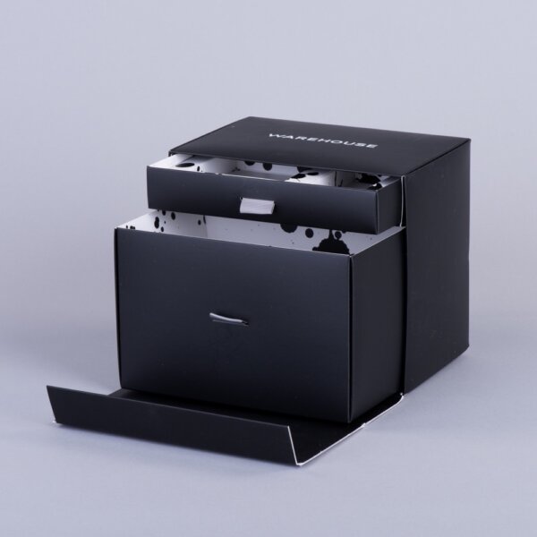 Presentation box with sliding drawers and hinged lid closing flap for in-store retail packaging, UK manufactured by Create-This Ltd